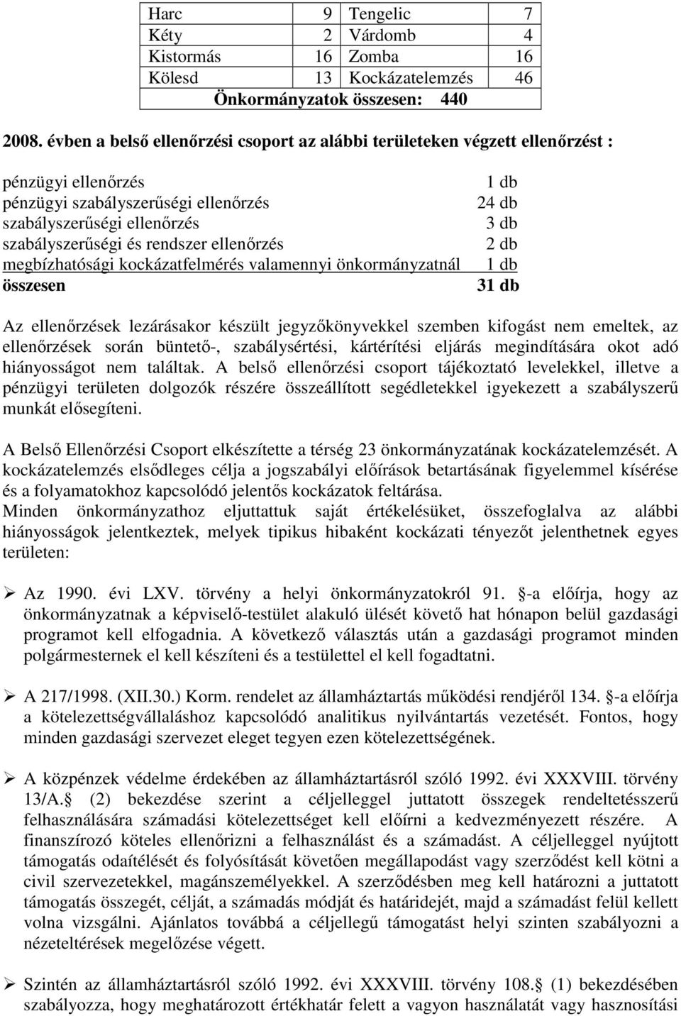 ellenırzés megbízhatósági kockázatfelmérés valamennyi önkormányzatnál összesen 1 db 24 db 3 db 2 db 1 db 31 db Az ellenırzések lezárásakor készült jegyzıkönyvekkel szemben kifogást nem emeltek, az