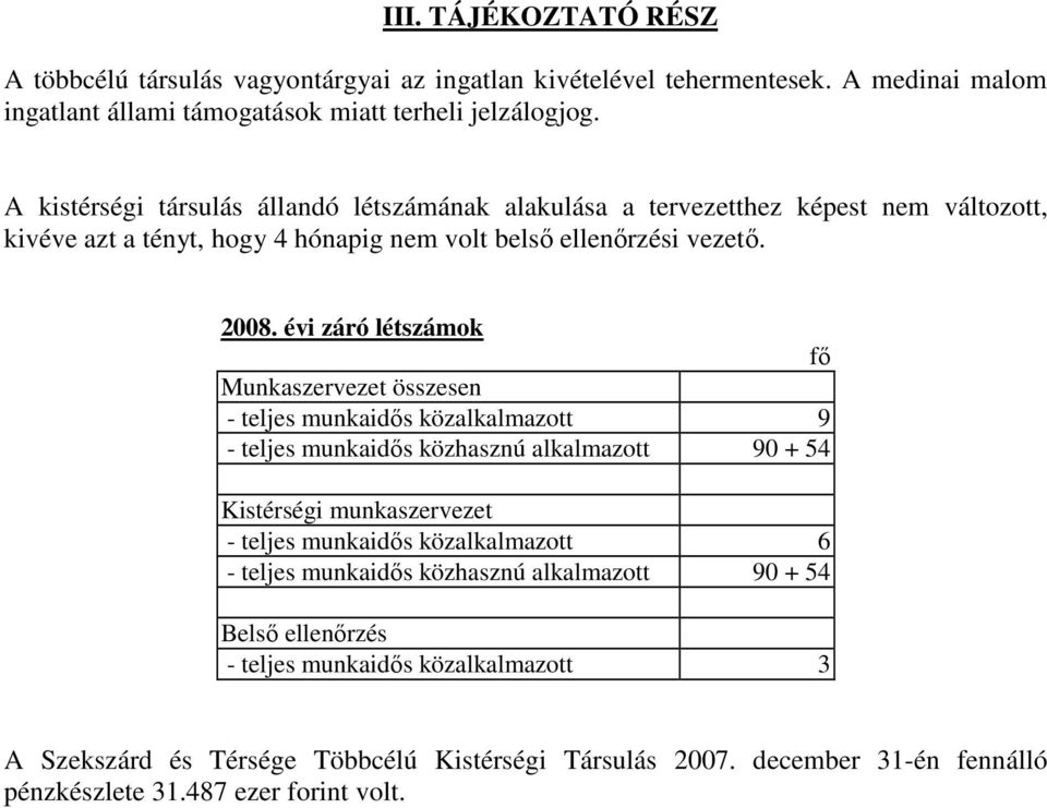 évi záró létszámok fı Munkaszervezet összesen - teljes munkaidıs közalkalmazott 9 - teljes munkaidıs közhasznú alkalmazott 90 + 54 Kistérségi munkaszervezet - teljes munkaidıs