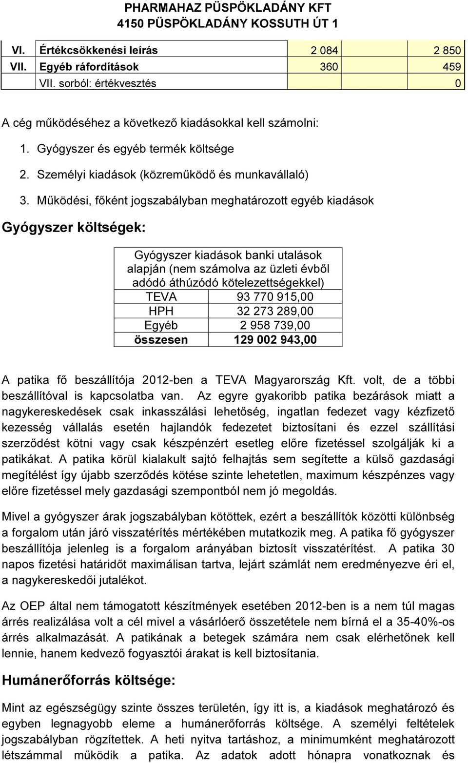 Működési, főként jogszabályban meghatározott egyéb kiadások Gyógyszer költségek: Gyógyszer kiadások banki utalások alapján (nem számolva az üzleti évből adódó áthúzódó kötelezettségekkel) TEVA 93 770