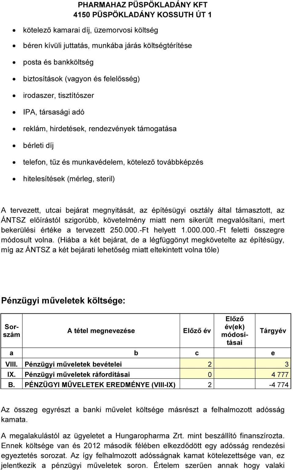 tervezett, utcai bejárat megnyitását, az építésügyi osztály által támasztott, az ÁNTSZ előírástól szigorúbb, követelmény miatt nem sikerült megvalósítani, mert bekerülési értéke a tervezett 250.000.