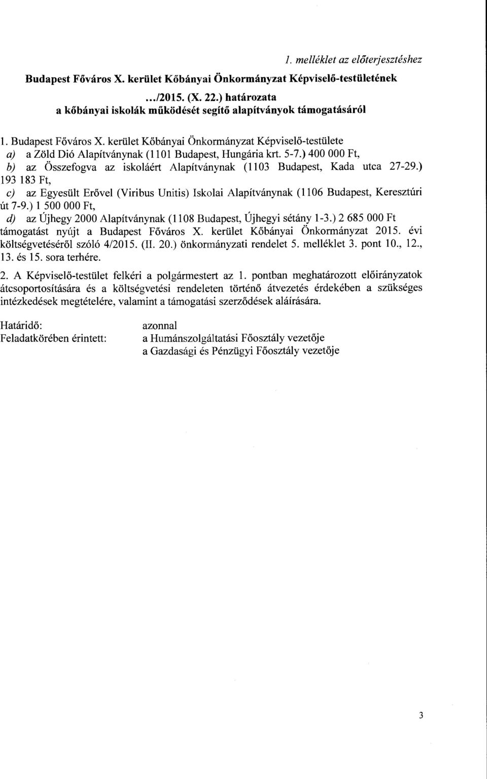 ) 400 OOO Ft, b) az Összefogva az iskoláért Alapítványnak (1103 Budapest, Kada utca 27-29.) 193 183Ft, c) az Egyesült Erővel (Viribus Unitis) Iskolai Alapítványnak (1106 Budapest, Keresztúri út 7-9.