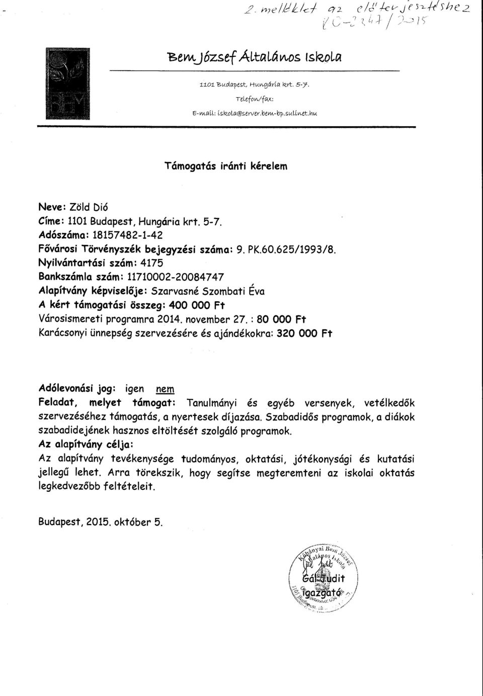 Nyilvántartási szám: 4175 Bankszámla szám: 11710002-20084747, Alapítvány képviselője: Szarvasné Szombati E va A kért támogatási összeg: 400 OOO Ft Városismereti programra 2014. november 27.