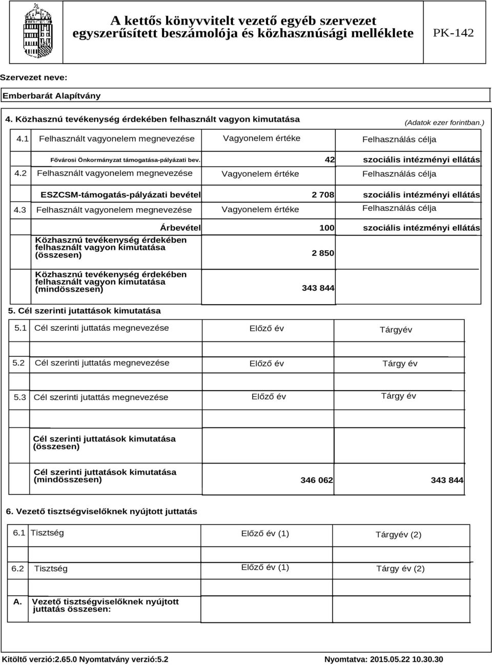 3 Felhasznált vagyonelem megnevezése Vagyonelem értéke Felhasználás célja Árbevétel 100 szociális intézményi ellátás 2 850 343 844 5. Cél szerinti jutattások kimutatása 5.