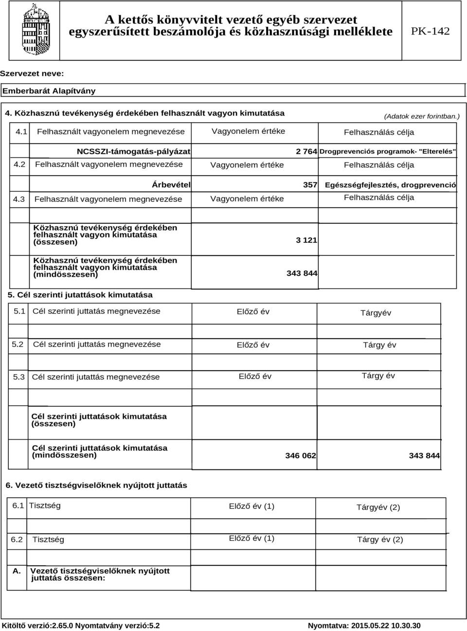 3 Felhasznált vagyonelem megnevezése Vagyonelem értéke Felhasználás célja 3 121 343 844 5. Cél szerinti jutattások kimutatása 5.1 Cél szerinti juttatás megnevezése Előző év Tárgyév 5.