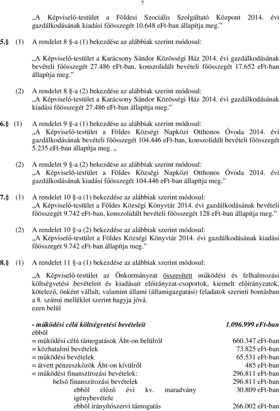 486 eft-ban, konszolidált bevételi főösszegét 17.652 eft-ban állapítja meg. (2) A rendelet 8 -a (2) bekezdése az alábbiak szerint módosul: A Képviselő-testület a Karácsony Sándor Közösségi Ház 2014.