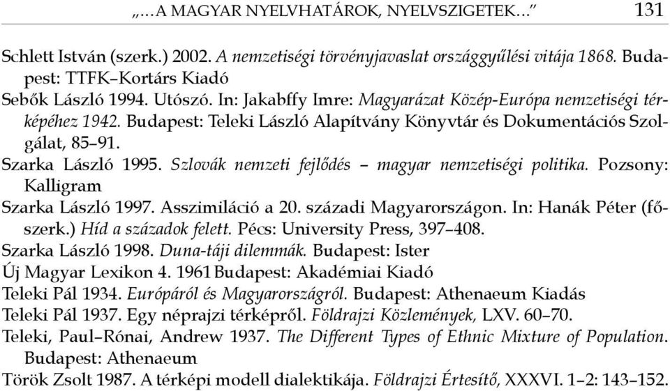 Szlovák nemzeti fejlődés magyar nemzetiségi politika. Pozsony: Kalligram Szarka László 1997. Asszimiláció a 20. századi Magyarországon. In: Hanák Péter (főszerk.) Híd a századok felett.