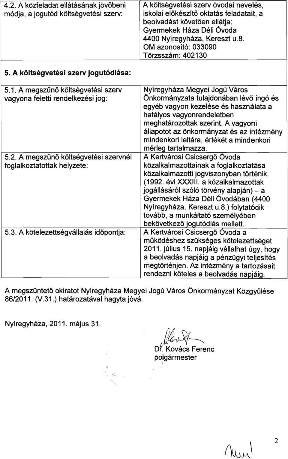 Óvoda 4400 Nyíregyháza, Kereszt u.8. OM azonosító: 033090 Törzsszám: 402130 5. A költségvetési szerv jogutódlása: 5.1. A megszűnő költségvetési szerv vagyona feletti rendelkezési jog: 5.2. A megszűnő költségvetési szervnél foglalkoztatottak helyzete: 5.