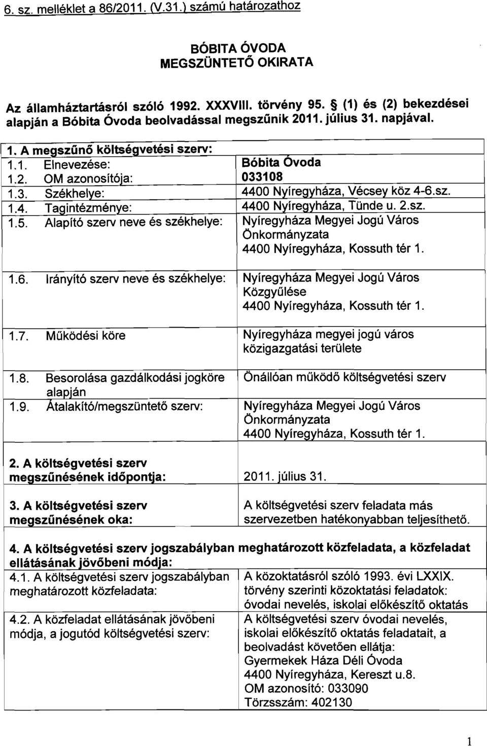 sz. 1.4. Tagintézménye: 4400 Nyíregyháza, Tünde u. 2.sz. 1.5. Alapító szerv neve és székhelye: Nyíregyháza Megyei Jogú Város Önkormányzata 4400 Nyíregyháza, Kossuth tér 1. 1.6.