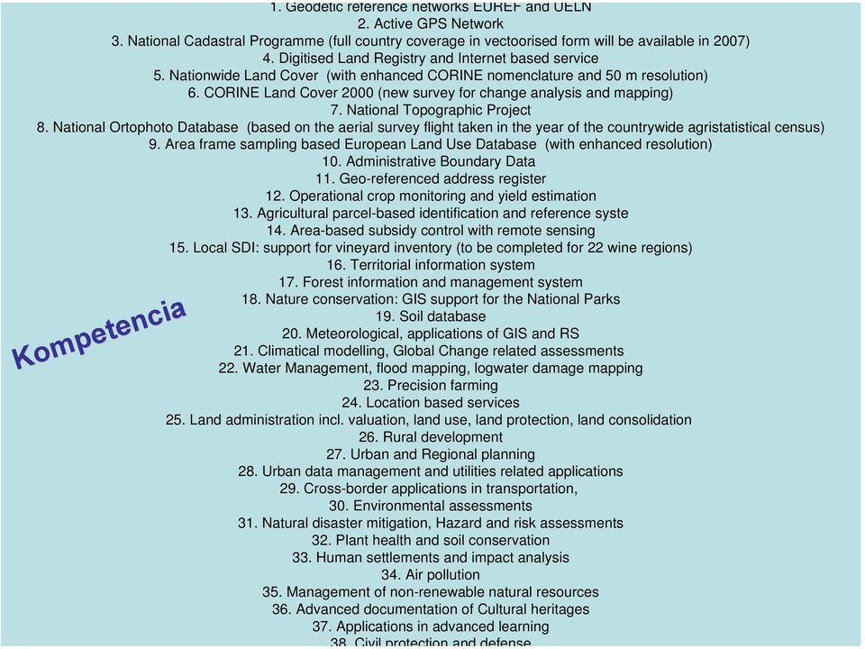 CORINE Land Cover 2000 (new survey for change analysis and mapping) 7. National Topographic Project 8.