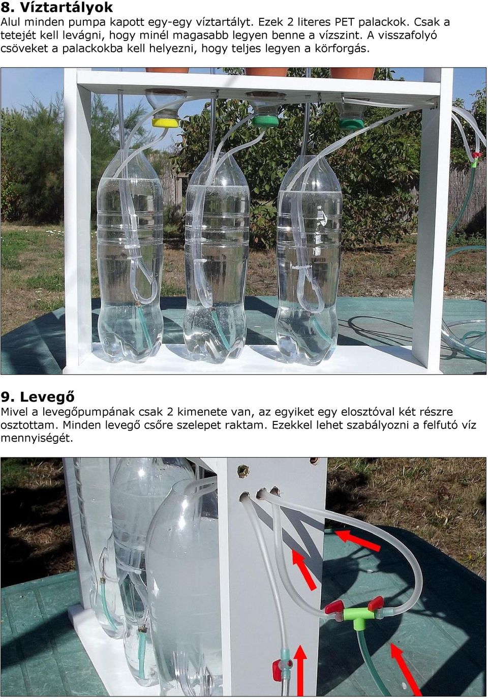 A visszafolyó csöveket a palackokba kell helyezni, hogy teljes legyen a körforgás. 9.