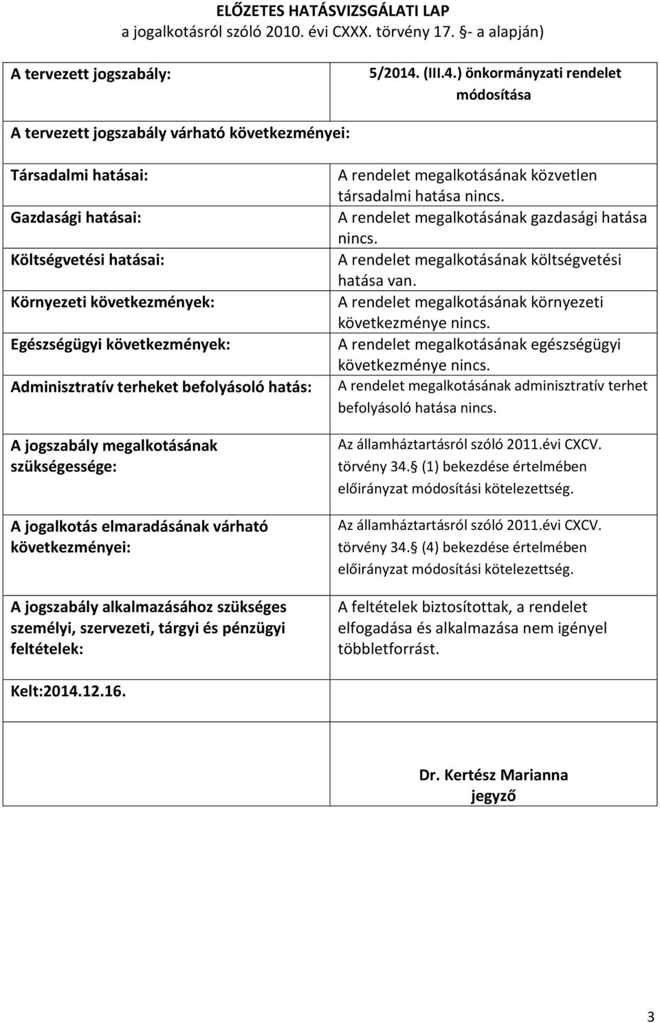 ) önkormányzati rendelet módosítása A tervezett jogszabály várható következményei: Társadalmi hatásai: Gazdasági hatásai: Költségvetési hatásai: Környezeti következmények: Egészségügyi