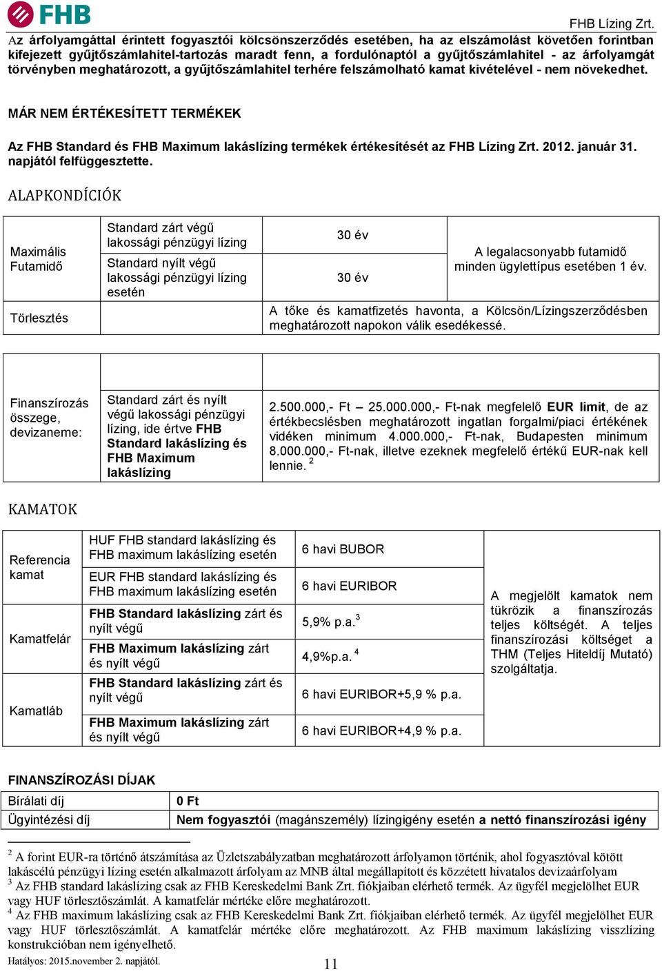 MÁR NEM ÉRTÉKESÍTETT TERMÉKEK Az FHB Standard és FHB Maximum lakáslízing termékek értékesítését az FHB Lízing Zrt. 2012. január 31. napjától felfüggesztette.