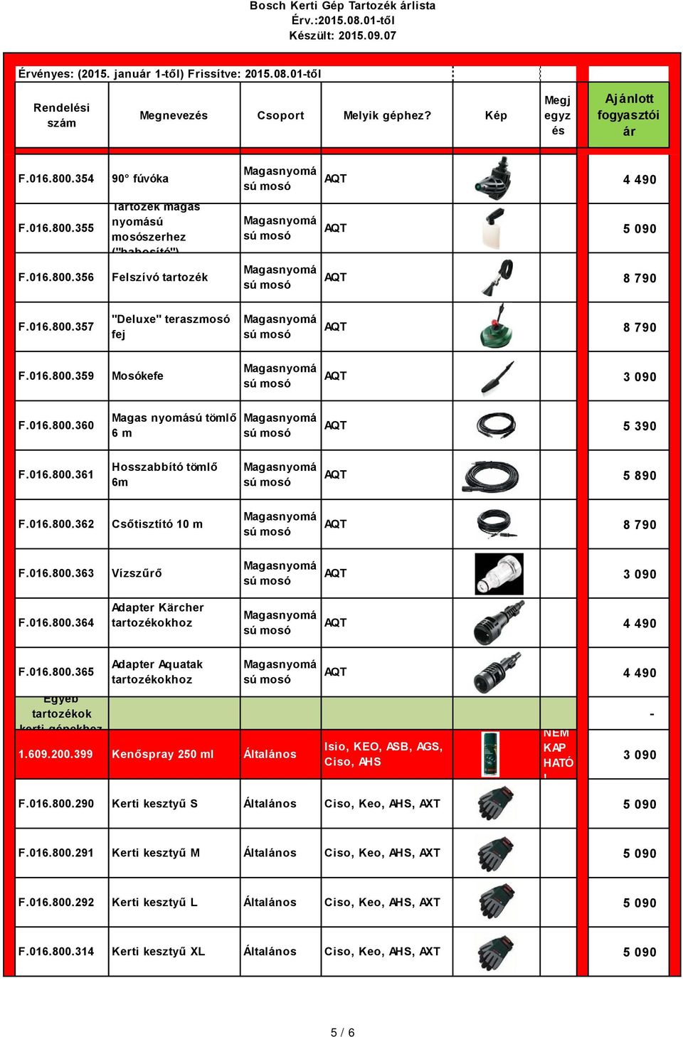 016.800.363 Vízszűrő AQT 3 090 F.016.800.364 Adapter Kärcher tartozékokhoz F.016.800.365 Egyéb tartozékok kerti gépekhez Adapter Aquatak tartozékokhoz 1.609.200.