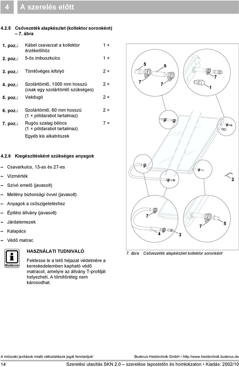 6. poz.: Szolártömlő, 60 mm hosszú ( pótdarabot tartalmaz) 7. poz.: Rugós szalag bilincs ( pótdarabot tartalmaz) Egyéb kis alkatrészek 2 