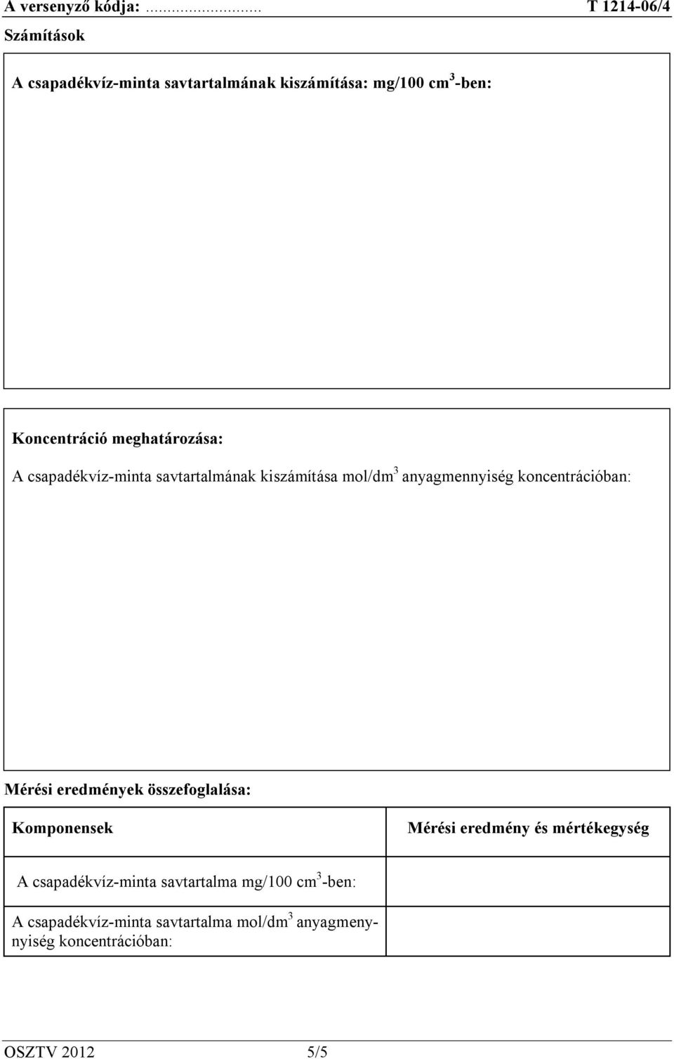 Mérési eredmények összefoglalása: Komponensek Mérési eredmény és mértékegység A csapadékvíz-minta
