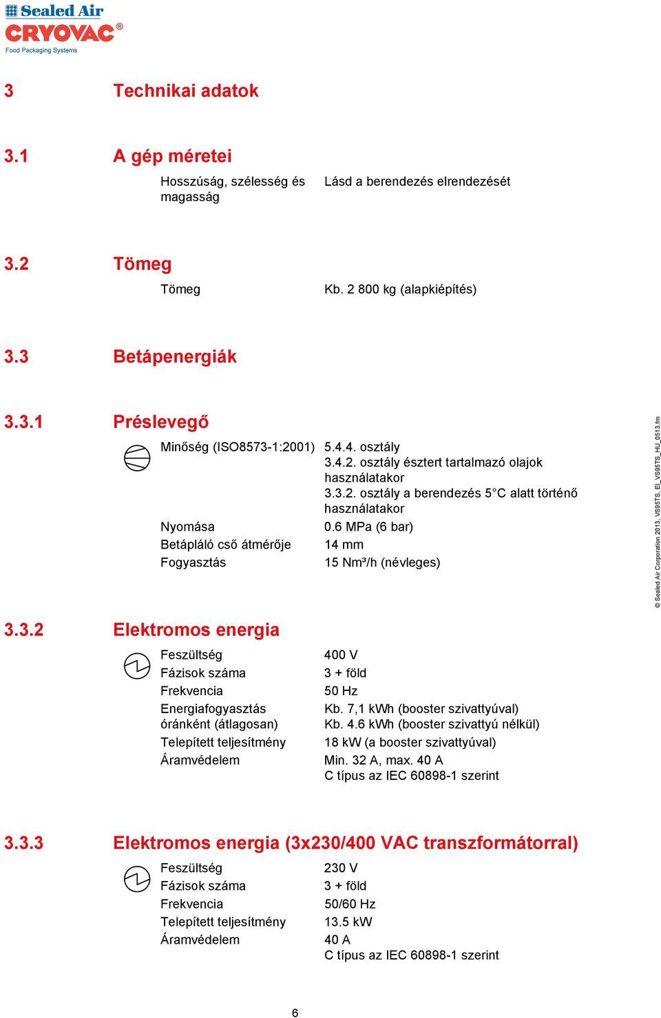 6 MPa (6 bar) Betápláló cső átmérője 14 mm Fogyasztás 15 Nm³/h (névleges) 3.