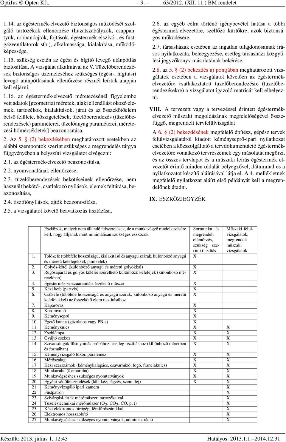 ), alkalmassága, kialakítása, működőképessége, 1.15. szükség esetén az égési és hígító levegő utánpótlás biztosítása. A vizsgálat alkalmával az V.