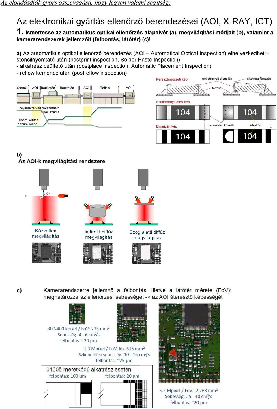 (c)! a) Az automatikus optikai ellenőrző berendezés (AOI Automatical Optical Inspection) elhelyezkedhet: - stencilnyomtató után (postprint