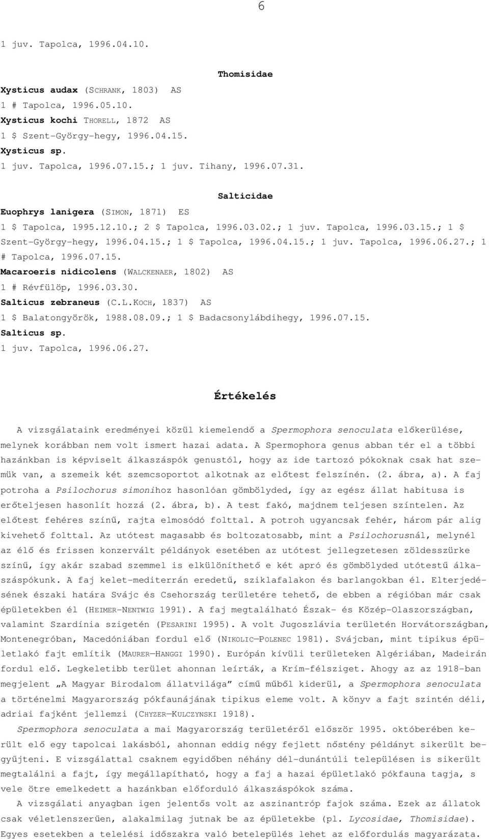 04.15.; 1 juv. Tapolca, 1996.06.27.; 1 # Tapolca, 1996.07.15. Macaroeris nidicolens (WALCKENAER, 1802) AS 1 # Révfülöp, 1996.03.30. Salticus zebraneus (C.L.KOCH, 1837) AS 1 $ Balatongyörök, 1988.08.