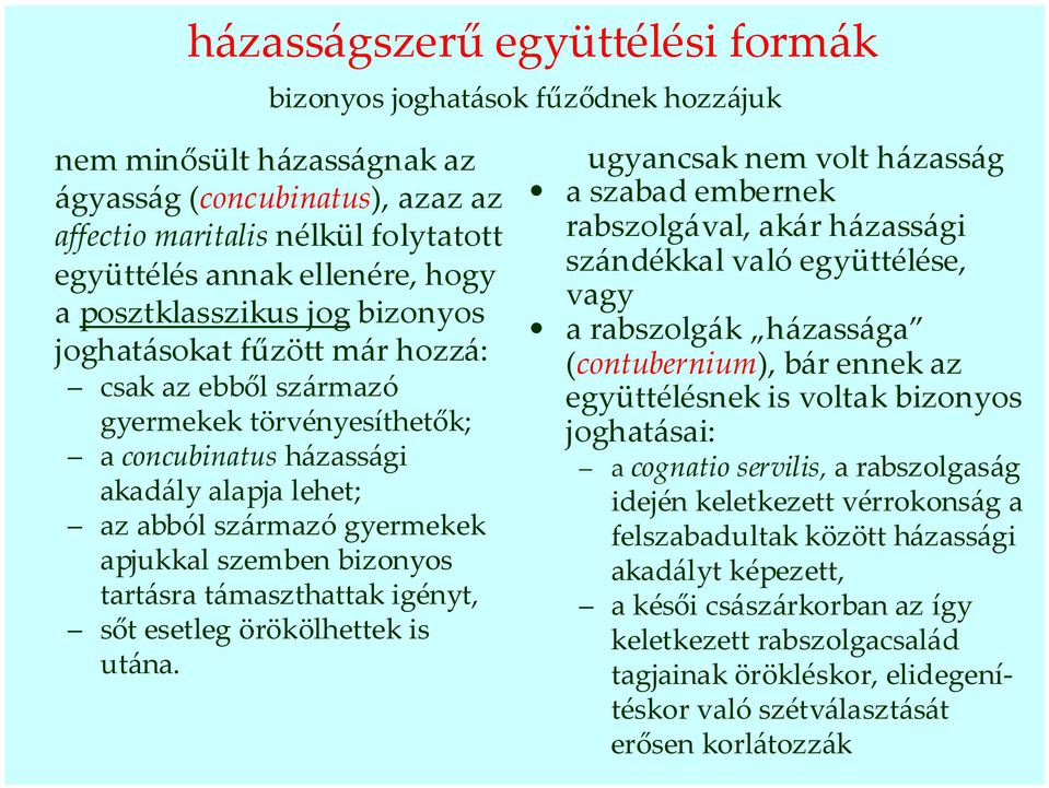 (contubernium), bár ennek az csak az ebből származó együttélésnek is voltak bizonyos gyermekek törvényesíthetők; joghatásai: a concubinatus házassági akadály alapja lehet; az abból származó gyermekek