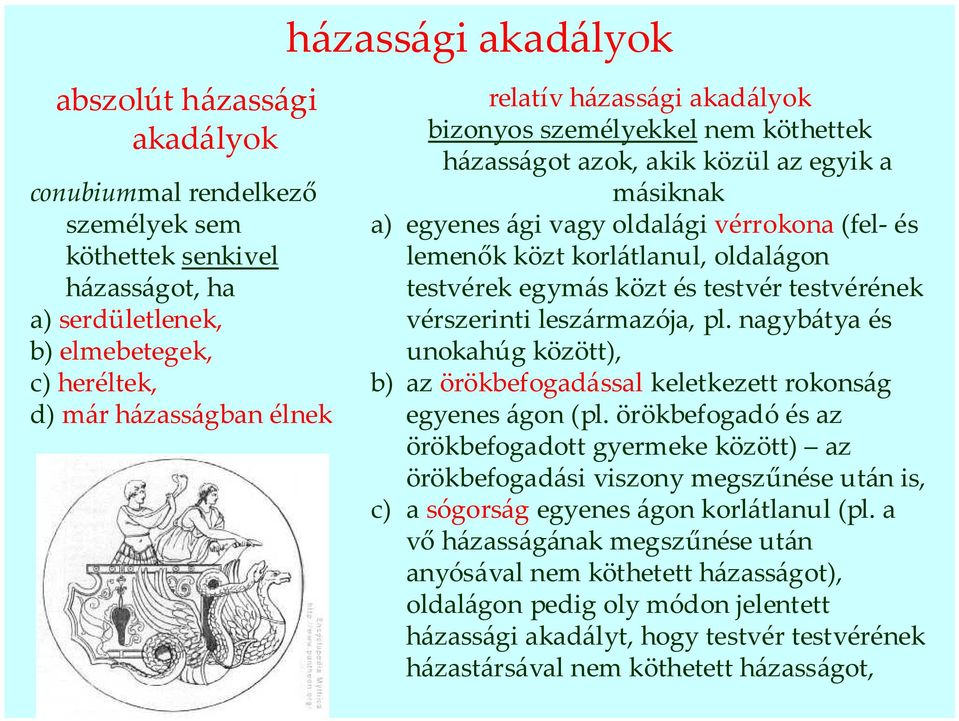 egymás közt és testvér testvérének vérszerinti leszármazója, pl. nagybátya és unokahúg között), b) az örökbefogadással keletkezett rokonság egyenes ágon (pl.