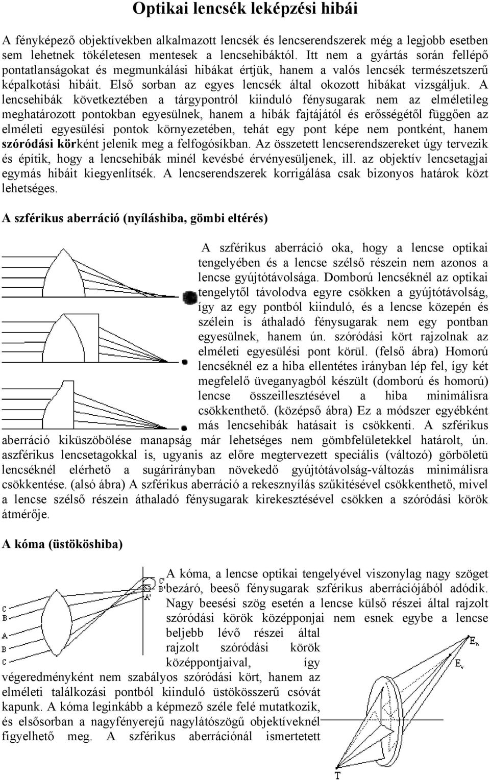 A lencsehibák következtében a tárgypontról kiinduló fénysugarak nem az elméletileg meghatározott pontokban egyesülnek, hanem a hibák fajtájától és erősségétől függően az elméleti egyesülési pontok