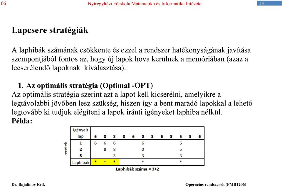 Az optimális stratégia (Optimal -OPT) Az optimális stratégia szerint azt a lapot kell kicserélni, amelyikre a