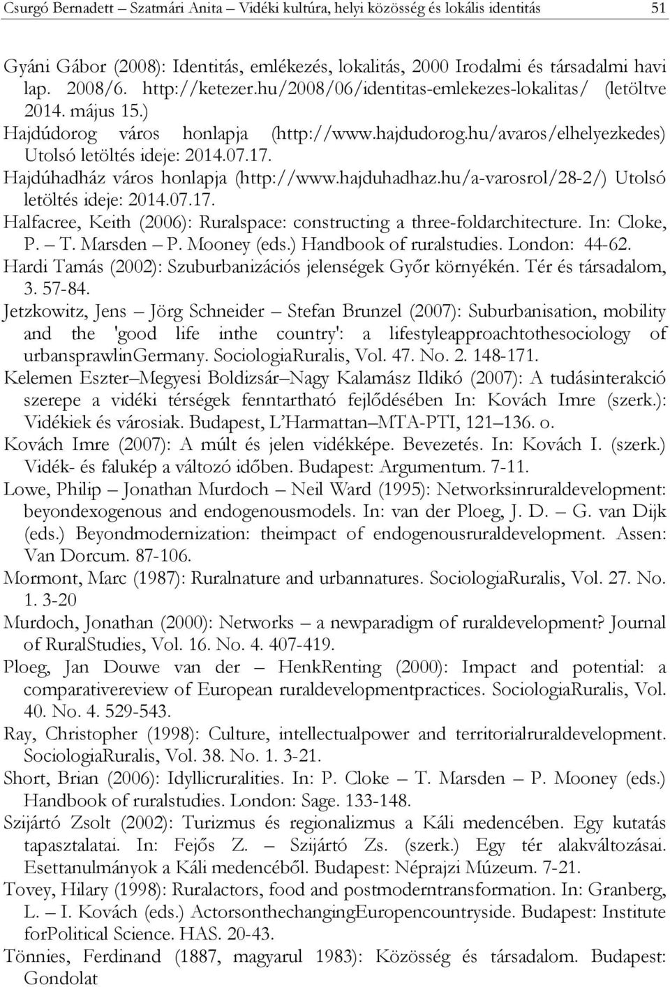 Hajdúhadház város honlapja (http://www.hajduhadhaz.hu/a-varosrol/28-2/) Utolsó letöltés ideje: 2014.07.17. Halfacree, Keith (2006): Ruralspace: constructing a three-foldarchitecture. In: Cloke, P. T.