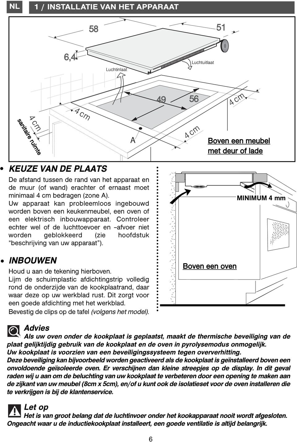 Uw apparaat kan probleemloos ingebouwd worden boven een keukenmeubel, een oven of een elektrisch inbouwapparaat.