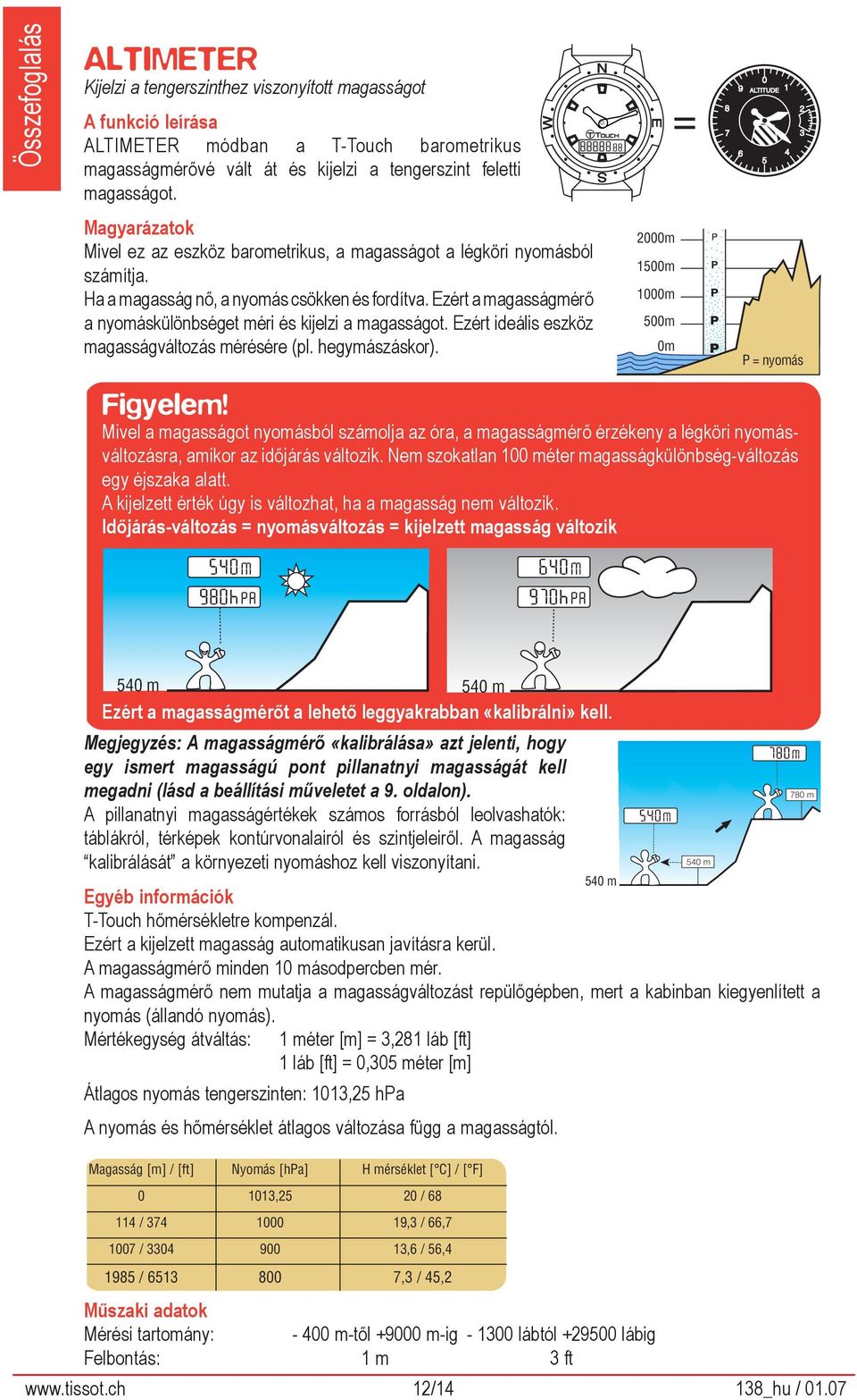 Ezért a magasságmérő a nyomáskülönbséget méri és kijelzi a magasságot. Ezért ideális eszköz magasságváltozás mérésére (pl. hegymászáskor). 2000m 1500m 1000m 500m 0m P = nyomás Figyelem!