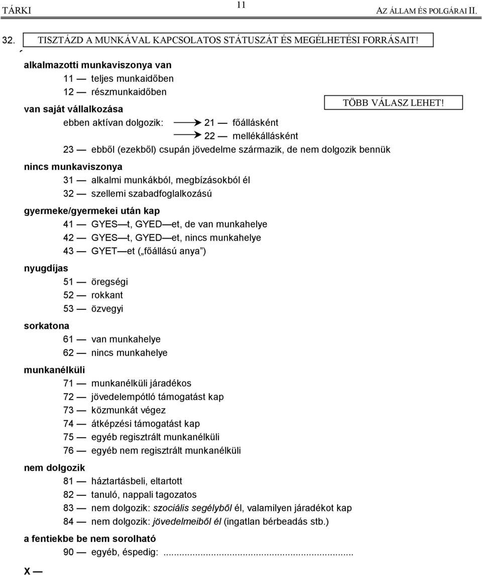 megbízásokból él 32 szellemi szabadfoglalkozású gyermeke/gyermekei után kap 41 GYES t, GYED et, de van munkahelye 42 GYES t, GYED et, nincs munkahelye 43 GYET et ( főállású anya ) nyugdíjas 51