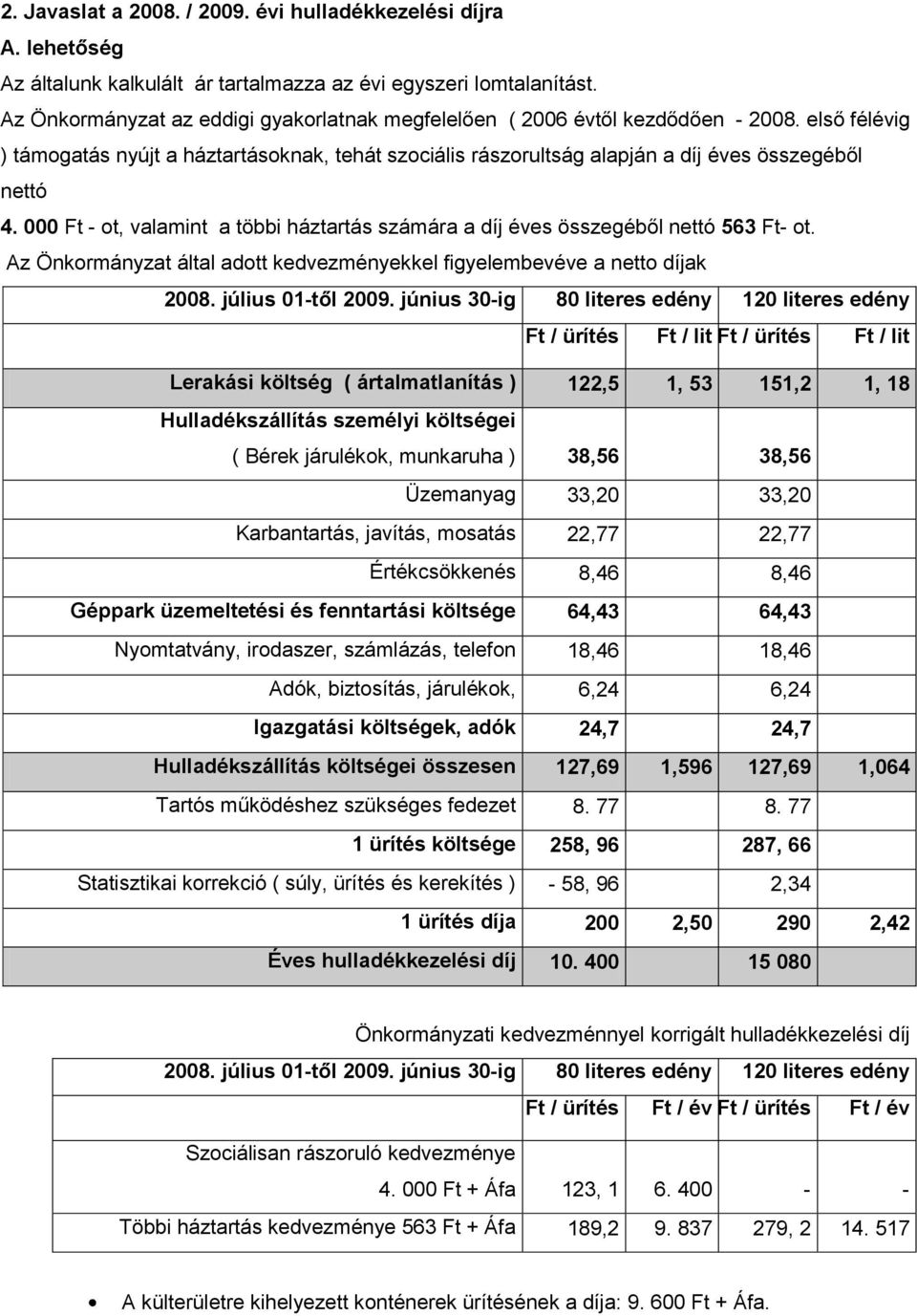 000 Ft - ot, valamint a többi háztartás számára a díj éves összegéből nettó 563 Ft- ot. Az Önkormányzat által adott kedvezményekkel figyelembevéve a netto díjak 2008. július 01-től 2009.