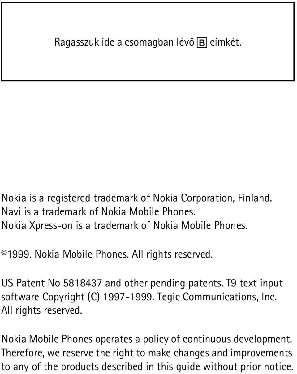 US Patent No 5818437 and other pending patents. T9 text input software Copyright (C) 1997-1999. Tegic Communications, Inc. All rights reserved.