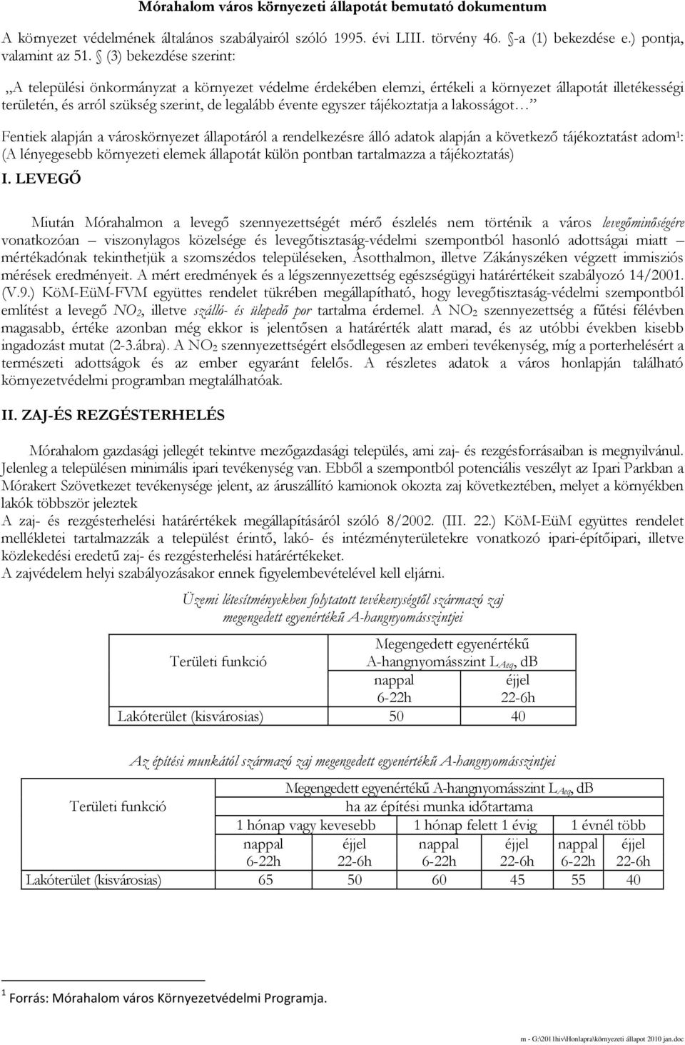 tájékoztatja a lakosságot Fentiek alapján a városkörnyezet állapotáról a rendelkezésre álló adatok alapján a következı tájékoztatást adom 1 : (A lényegesebb környezeti elemek állapotát külön pontban