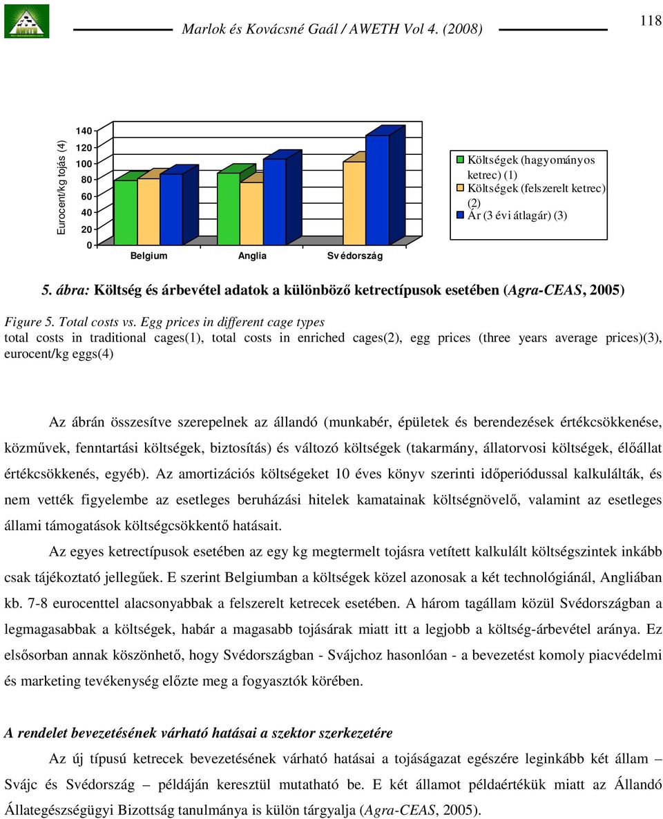 Egg prices in different cage types total costs in traditional cages(1), total costs in enriched cages(2), egg prices (three years average prices)(3), eurocent/kg eggs(4) Az ábrán összesítve