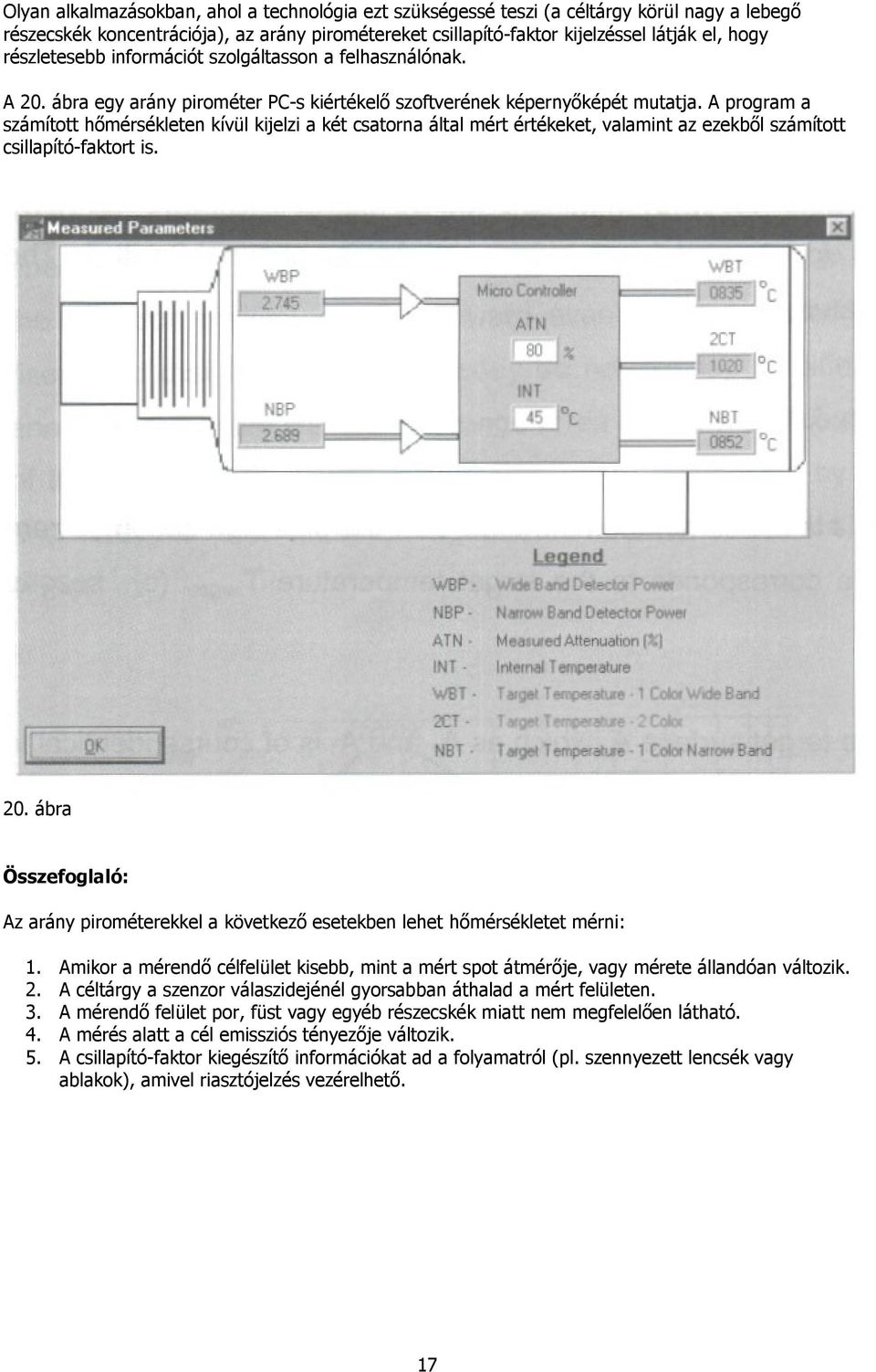 A program a számított hımérsékleten kívül kijelzi a két csatorna által mért értékeket, valamint az ezekbıl számított csillapító-faktort is. 20.