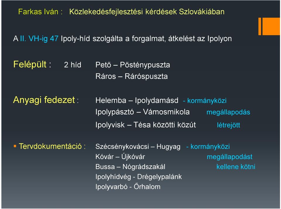 megállapodás Ipolyvisk Tésa közötti közút létrejött Tervdokumentáció : Szécsénykovácsi Hugyag -