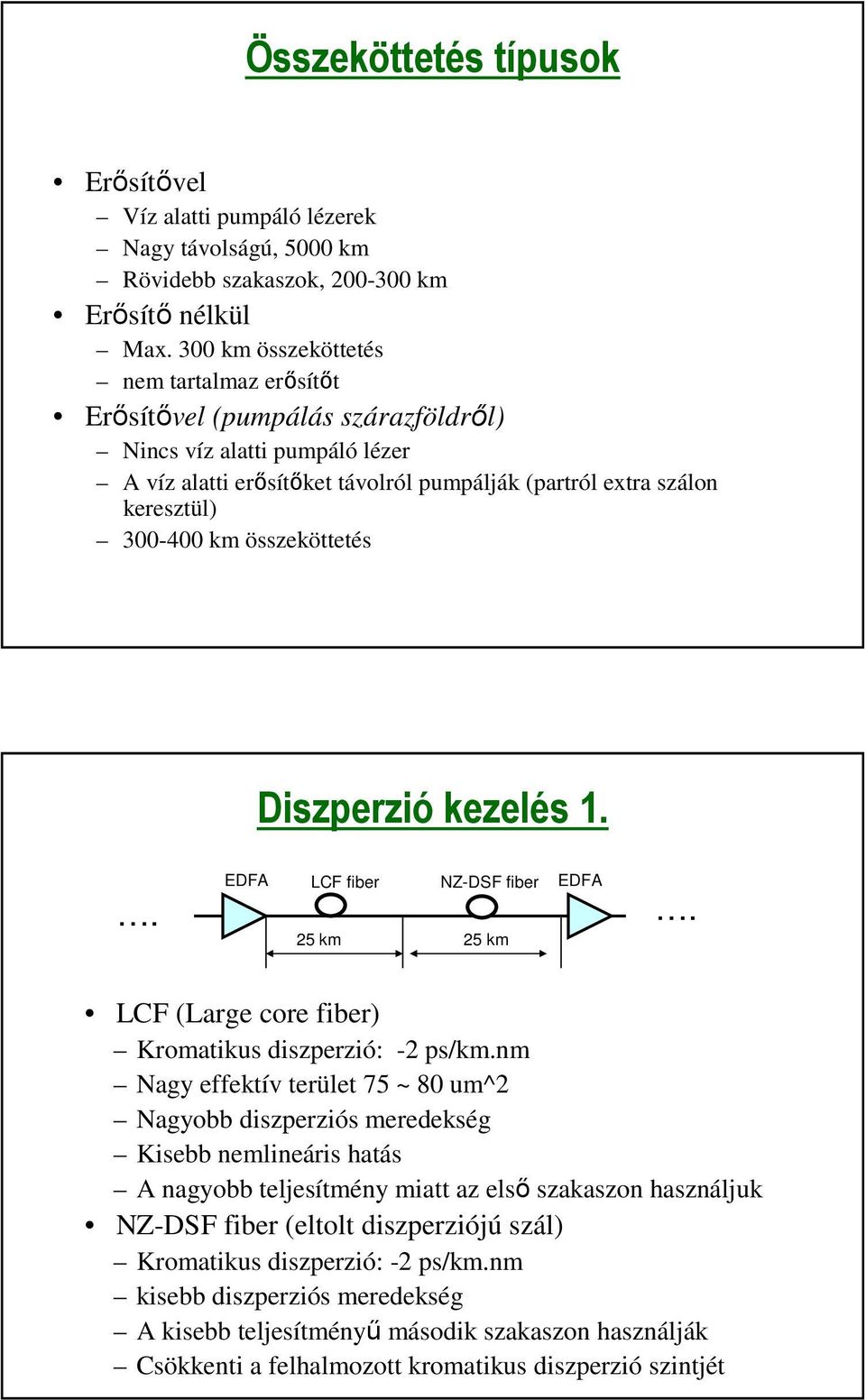 összeköttetés Diszperzió kezelés 1.. EDFA LCF fiber NZ-DSF fiber 25 km 25 km EDFA. LCF (Large core fiber) Kromatikus diszperzió: -2 ps/km.