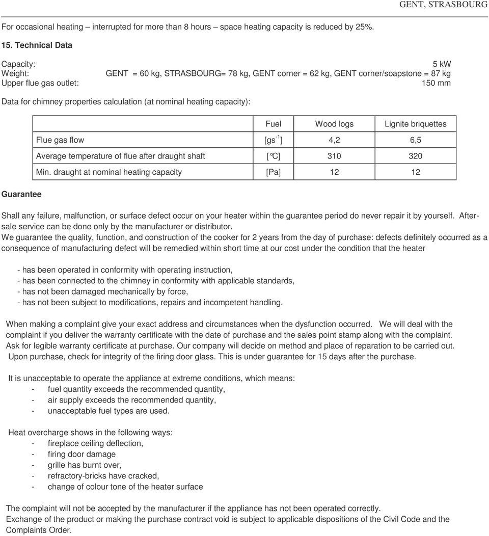 nominal heating capacity): Fuel Wood logs Lignite briquettes Flue gas flow [gs -1 ] 4,2 6,5 Average temperature of flue after draught shaft [ C] 310 320 Min.