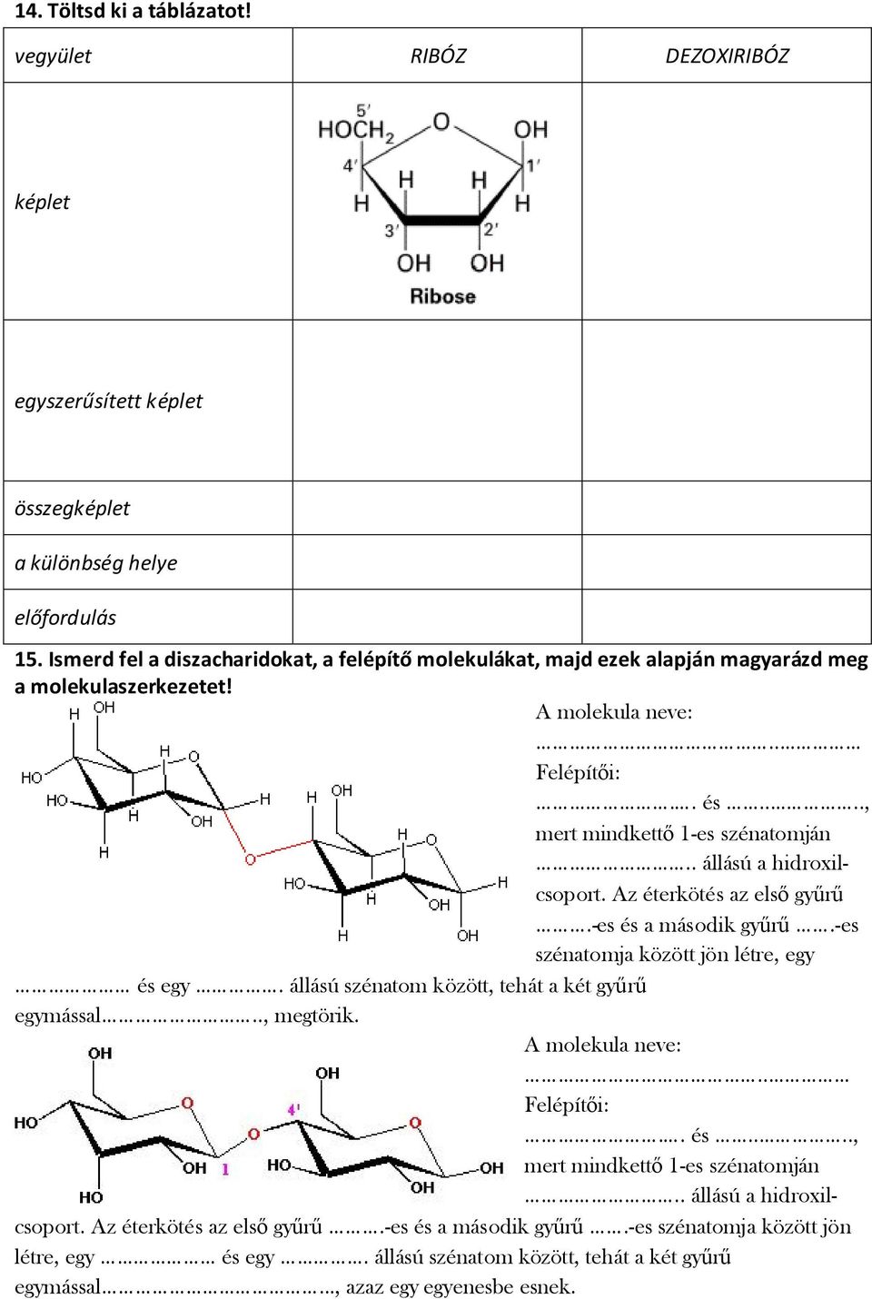 . állású a hidroxilcsoport. Az éterkötés az első gyűrű.-es és a második gyűrű.-es szénatomja között jön létre, egy és egy. állású szénatom között, tehát a két gyűrű egymással.., megtörik.