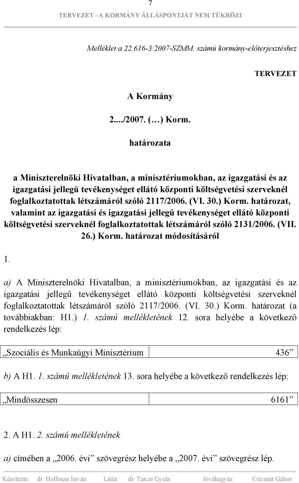 2117/2006. (VI. 30.) Korm. határozat, valamint az igazgatási és igazgatási jellegű tevékenységet ellátó központi költségvetési szerveknél foglalkoztatottak létszámáról szóló 2131/2006. (VII. 26.