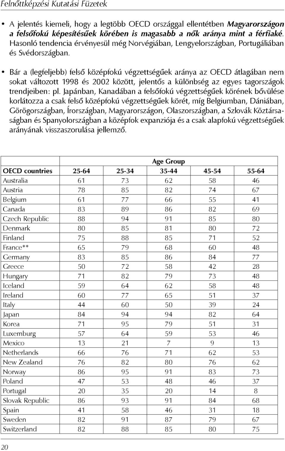 Bár a (legfeljebb) felső középfokú végzettségűek aránya az OECD átlagában nem sokat változott 1998 és 2002 között, jelentős a különbség az egyes tagországok trendjeiben: pl.