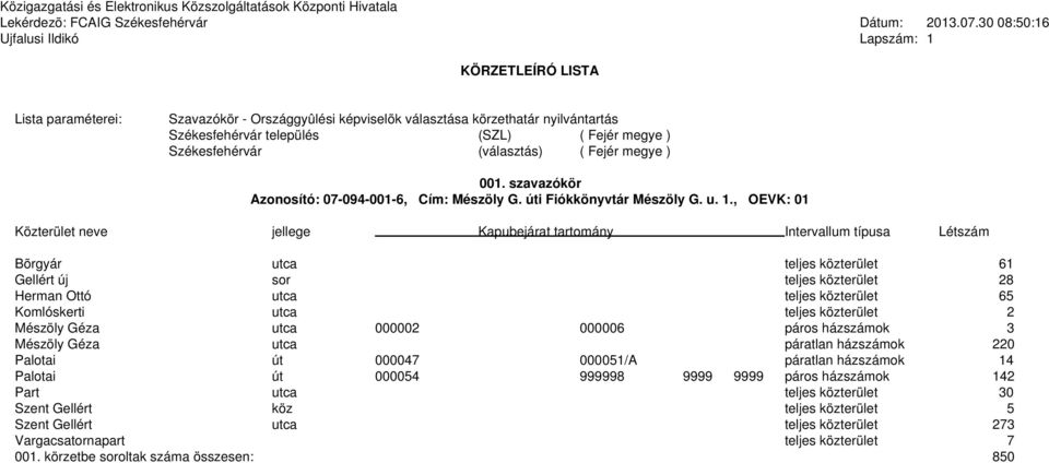 , OEVK: 01 Bõrgyár utca teljes közterület 61 Gellért új sor teljes közterület 28 Herman Ottó utca teljes közterület 65 Komlóskerti utca teljes közterület 2 Mészöly