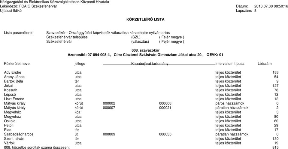 utca teljes közterület 12 Liszt Ferenc utca teljes közterület 12 Mátyás király körút 000002 000008 páros házszámok 0 Mátyás király körút 000007 000021 páratlan házszámok 2 Megyeház köz teljes