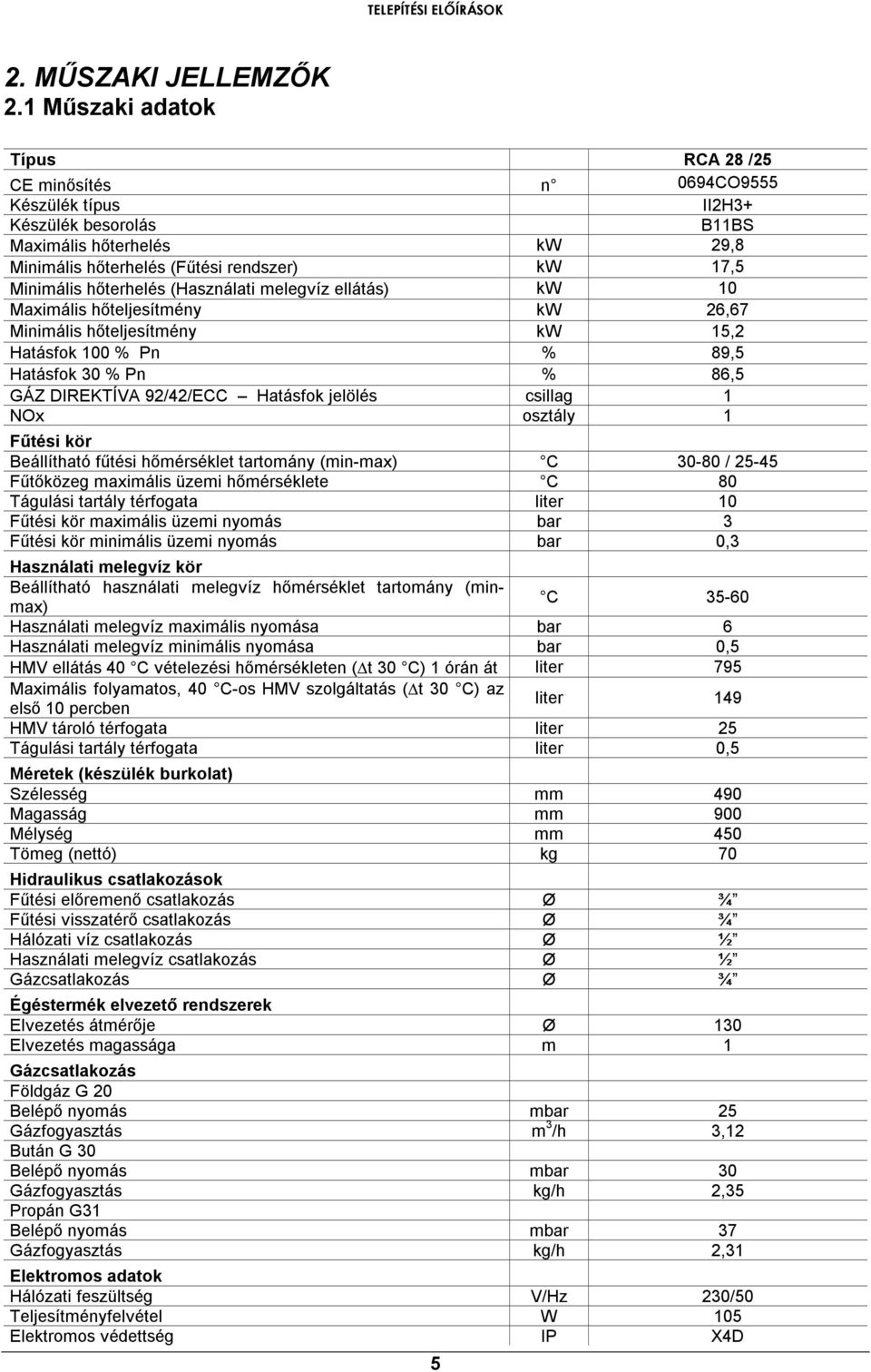 hőterhelés (Használati melegvíz ellátás) kw 10 Maximális hőteljesítmény kw 26,67 Minimális hőteljesítmény kw 15,2 Hatásfok 100 % Pn % 89,5 Hatásfok 30 % Pn % 86,5 GÁZ DIREKTÍVA 92/42/ECC Hatásfok