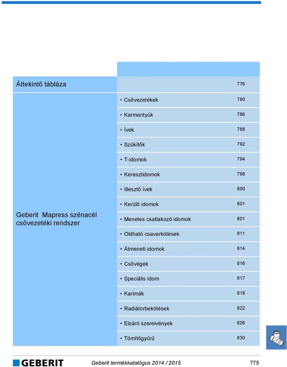 csatlakozó iomok 801 Olható csavarkötések 811 Átmeneti iomok 814 Csővégek 816 Speciális iom 817