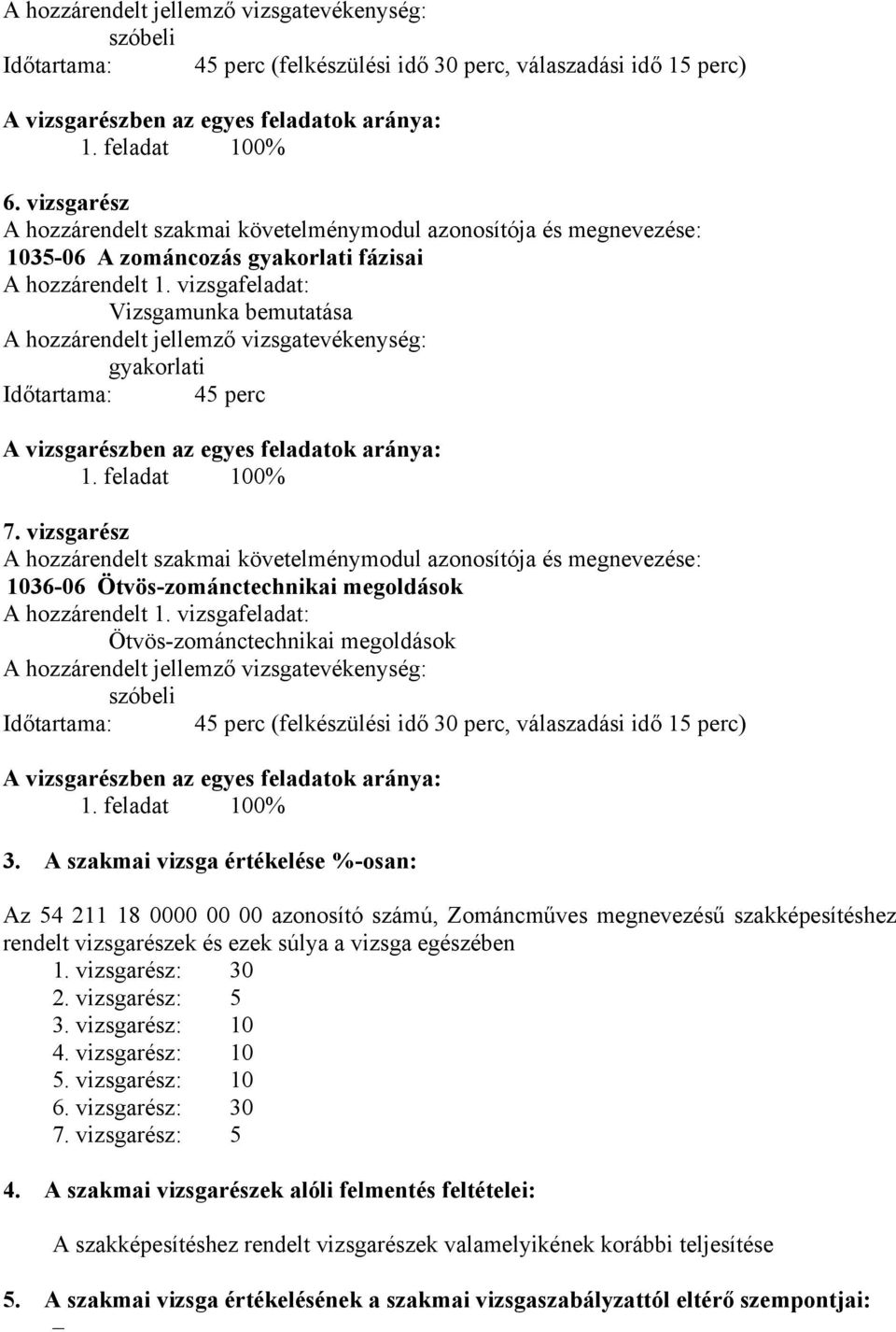 vizsgafeladat: Vizsgamunka bemutatása A hozzárendelt jellemző vizsgatevékenység: gyakorlati Időtartama: 45 perc A vizsgarészben az egyes feladatok aránya: 1. feladat 100% 7.