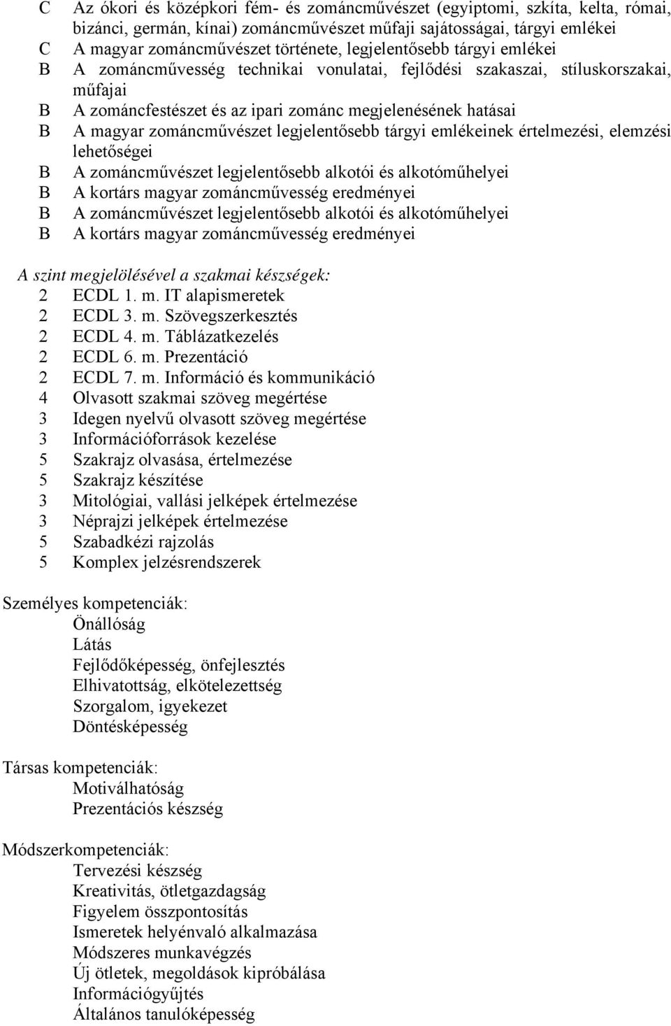 legjelentősebb tárgyi emlékeinek értelmezési, elemzési lehetőségei A zománcművészet legjelentősebb alkotói és alkotóműhelyei A kortárs magyar zománcművesség eredményei A zománcművészet legjelentősebb