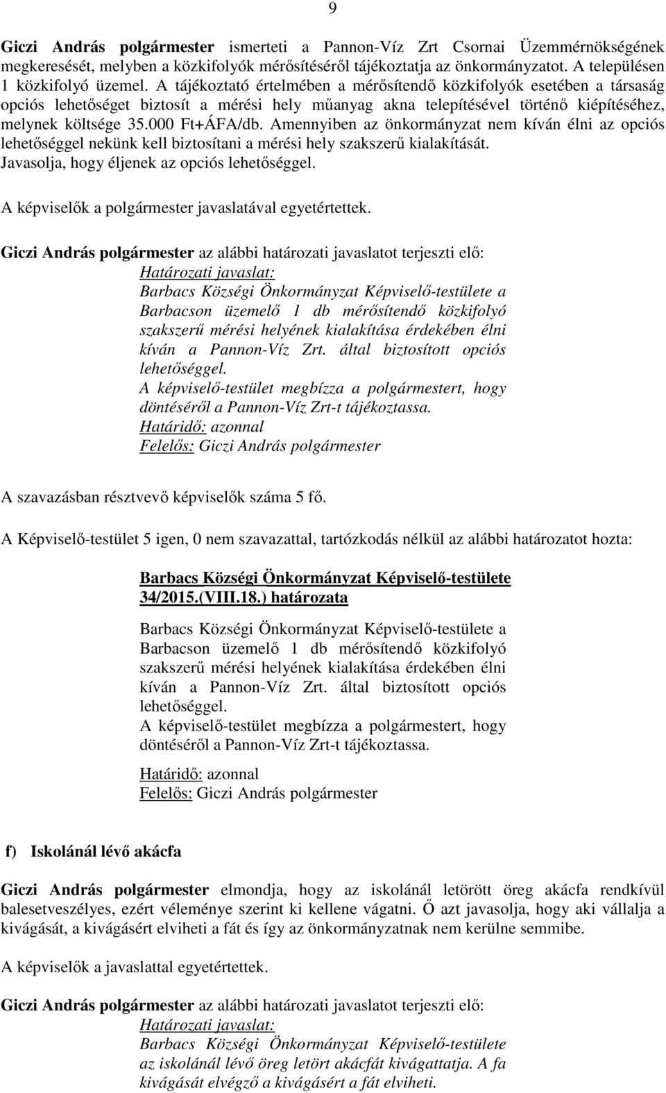 Amennyiben az önkormányzat nem kíván élni az opciós lehetőséggel nekünk kell biztosítani a mérési hely szakszerű kialakítását. Javasolja, hogy éljenek az opciós lehetőséggel.