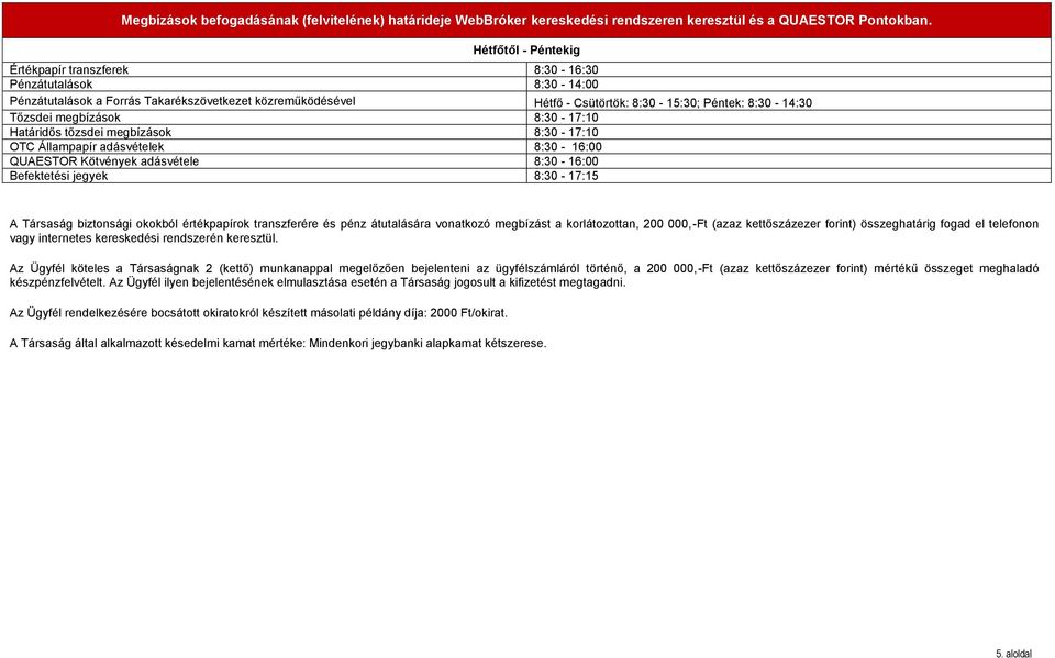 megbízások 8:30-17:10 Határidős tőzsdei megbízások 8:30-17:10 OTC Állampapír adásvételek 8:30-16:00 QUAESTOR Kötvények adásvétele 8:30-16:00 Befektetési jegyek 8:30-17:15 A Társaság biztonsági